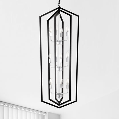 12-Light  Farmhouse Kitchen Chandeliers, Matte Black and Sliver Vintage Rustic Cage Light Fixture Adjustable Height  Chandeliers for Dining Room Hallway Foyer Entryway(E12 Bulbs Not Included)