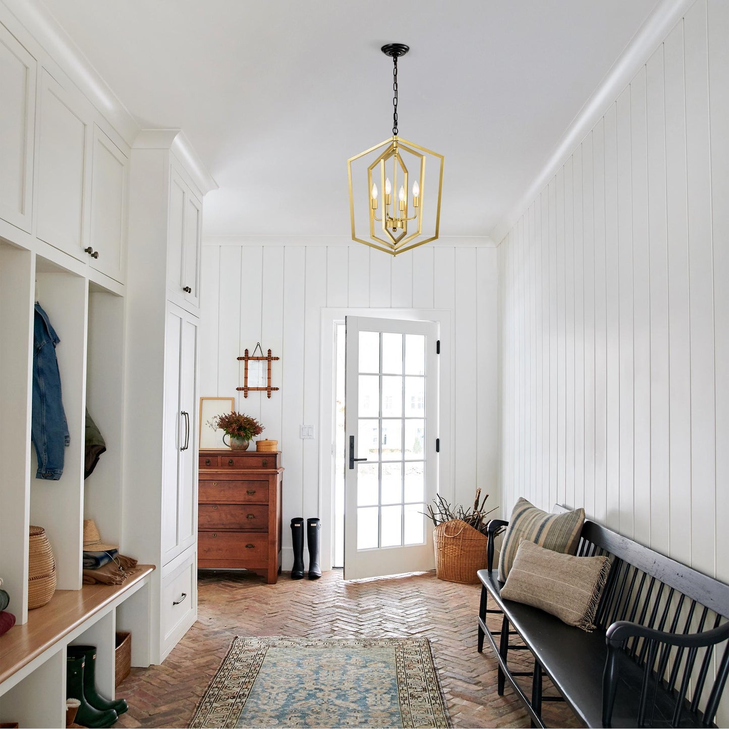 4-Light  Farmhouse Kitchen Chandeliers,  Vintage  Cage Light Fixture Adjustable Height  Chandeliers for Dining Room Hallway Foyer Entryway(E12 Bulbs Not Included)--GOLD+MATTE BLACK