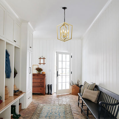 4-Light  Farmhouse Kitchen Chandeliers,  Vintage  Cage Light Fixture Adjustable Height  Chandeliers for Dining Room Hallway Foyer Entryway(E12 Bulbs Not Included)--GOLD+MATTE BLACK
