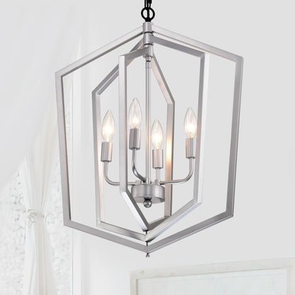 4-Light  Farmhouse Chandeliers, Matte Black and Sliver + Matte Black Vintage  Cage Light Fixture ,Adjustable Height  Chandeliers for Dining Room, Bedroom, Living Room, Confere (E12 Bulbs Not Included)
