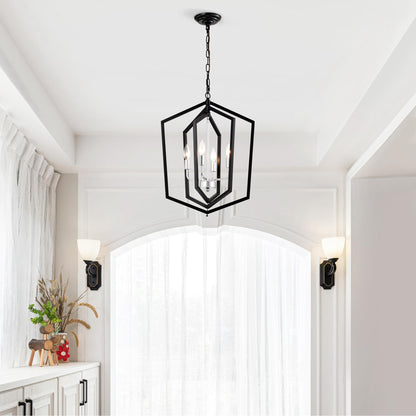 4-Light  Farmhouse Kitchen Chandeliers, Matte Black and Sliver Vintage Rustic Cage Light Fixture Adjustable Height  Chandeliers for Dining Room Hallway Foyer Entryway(E12 Bulbs Not Included)