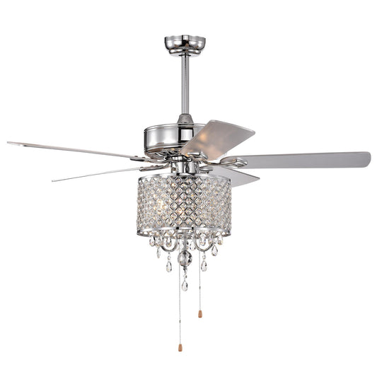 52'' Classical Crystal Ceiling Fan Lamp  3 Speed Hand Pull Chain (High, Mid, Low), 5 Reversible Blades for Living Room, Dining Room, Bedroom, Family Room, Chrome  ,3PCS*E12  (NO Include Bulb )