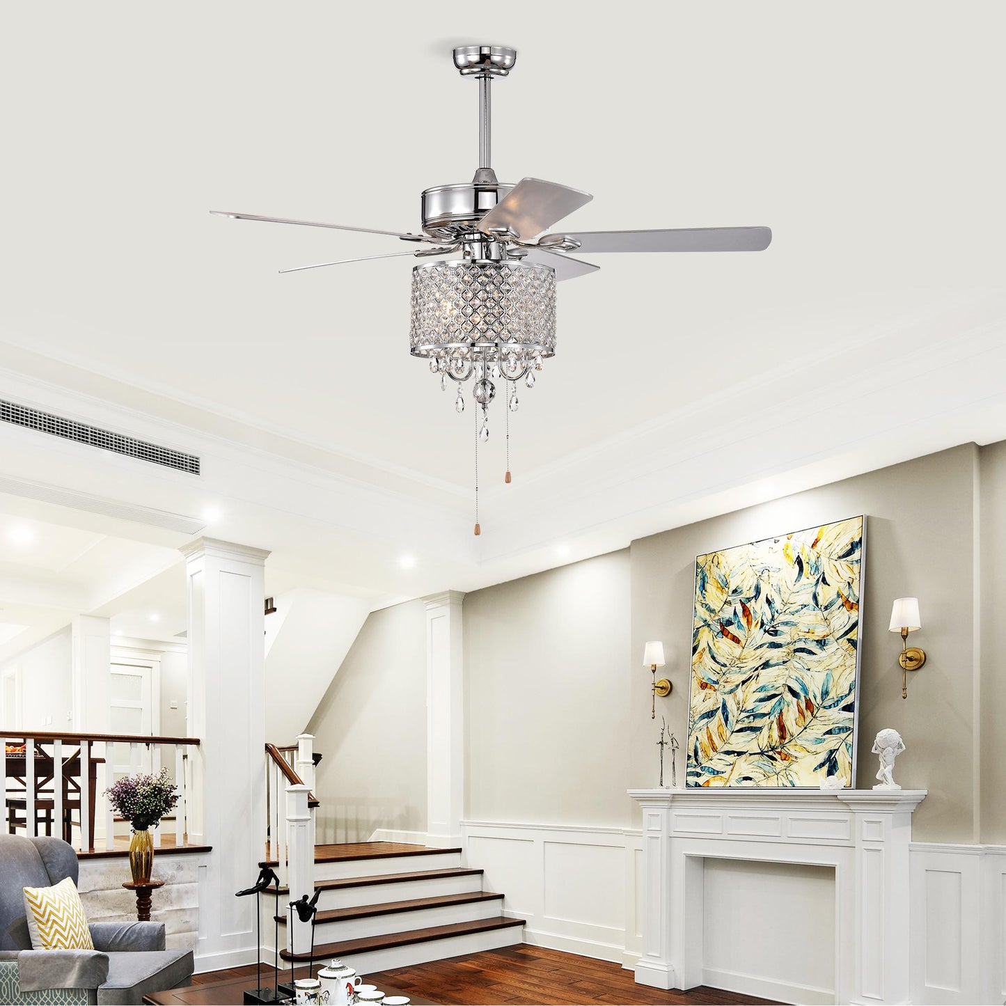 52'' Classical Crystal Ceiling Fan Lamp  3 Speed Hand Pull Chain (High, Mid, Low), 5 Reversible Blades for Living Room, Dining Room, Bedroom, Family Room, Chrome  ,3PCS*E12  (NO Include Bulb )