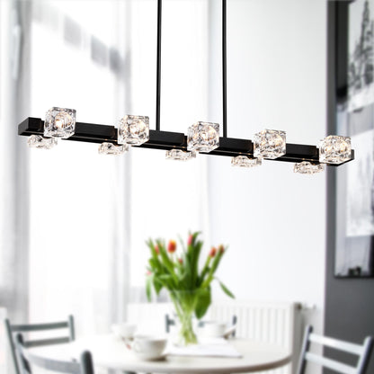Rectangle Chandelier for Dining Room, 10-Light Black Farmhouse Linear Pendant Light Fixture, Modern Crystal Hanging Lighting Chandelier for  Lobby, Kitchen, Bedroom, Living Room, Conference Room, Home