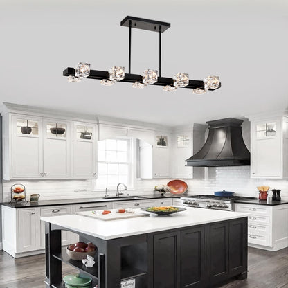 Rectangle Chandelier for Dining Room, 10-Light Black Farmhouse Linear Pendant Light Fixture, Modern Crystal Hanging Lighting Chandelier for  Lobby, Kitchen, Bedroom, Living Room, Conference Room, Home