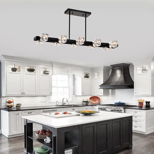 Rectangle Chandelier for Dining Room, 10-Light Black Farmhouse Linear Pendant Light Fixture, Modern Crystal Hanging Lighting Chandelier for  Lobby, Kitchen, Bedroom, Living Room, Conference Room, Home