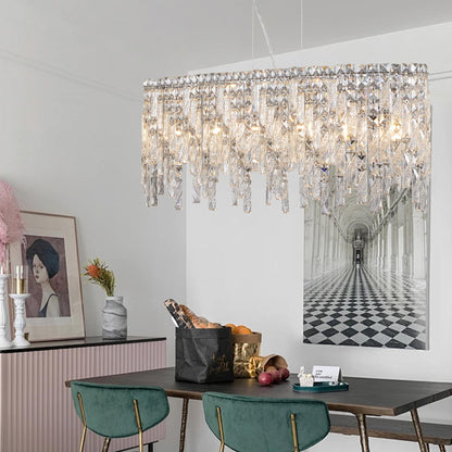 35" Chrome Elegant Oval Crystal Chandelier, Modern Ceiling Light Fixture with Reflective Hanging Crystals for Dining Room, Living Room, and Foyer (Bulbs Not Included)