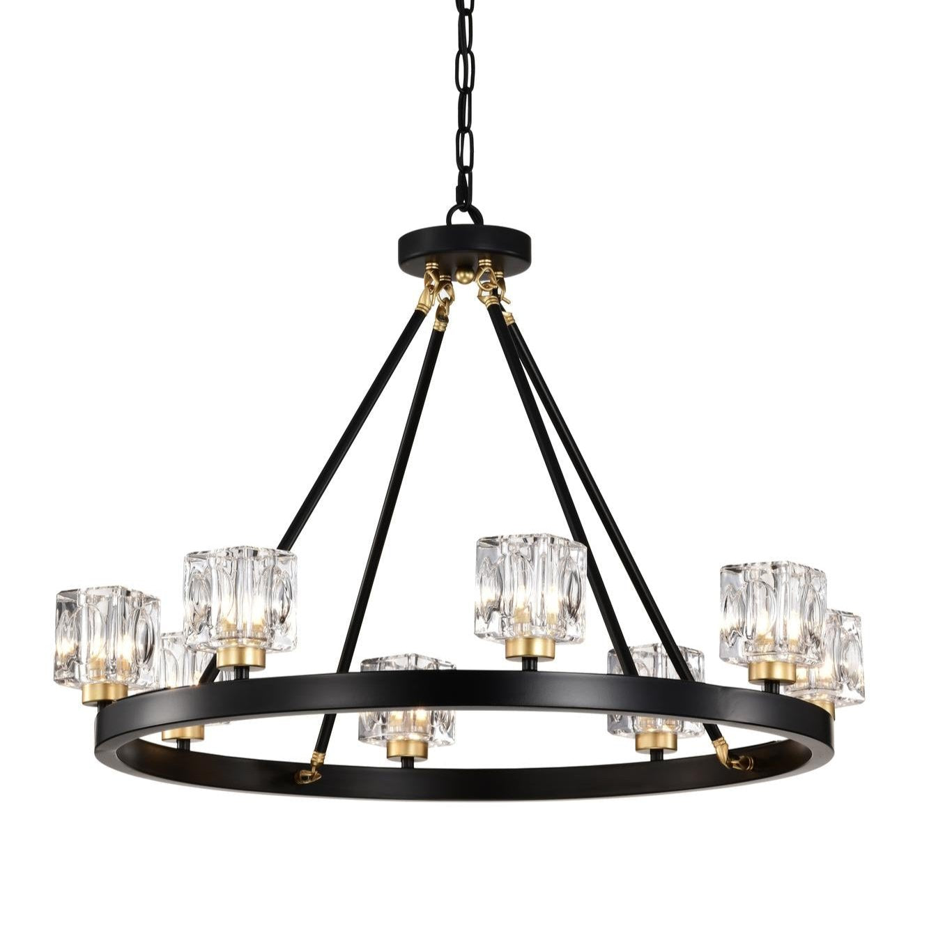 Matte Black + Gold Wagon Wheel Chandelier Farmhouse Modern Small Crystal Round Chandelier for Living Room Kitchen Island Foyer Hallway Entryway Bedroom Rustic Dining Room Light Fixture Ceiling Hanging