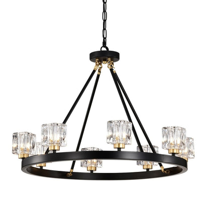 Matte Black + Gold Wagon Wheel Chandelier Farmhouse Modern Small Crystal Round Chandelier for Living Room Kitchen Island Foyer Hallway Entryway Bedroom Rustic Dining Room Light Fixture Ceiling Hanging