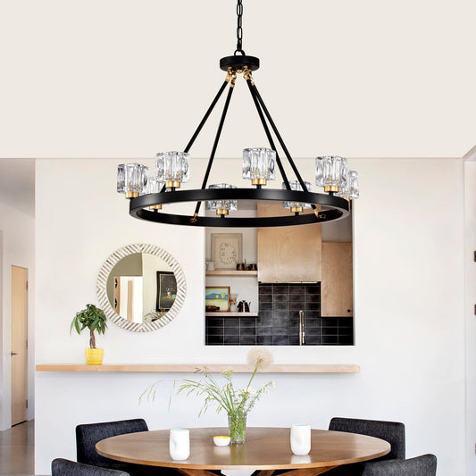 Matte Black + Gold Wagon Wheel Chandelier Farmhouse Modern Small Crystal Round Chandelier for Living Room Kitchen Island Foyer Hallway Entryway Bedroom Rustic Dining Room Light Fixture Ceiling Hanging