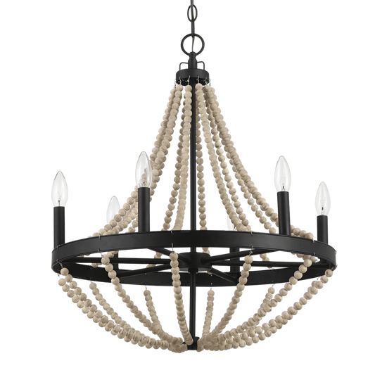 Starry Wood Chandelier Farmhouse Six Candle Light Wood Beaded Black Pendant Light for Dining Room