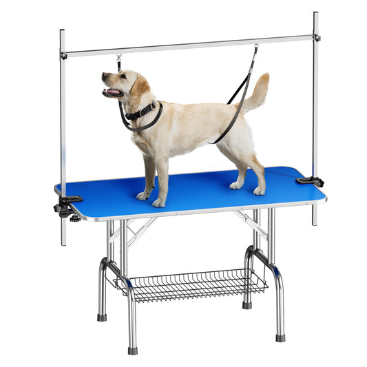LEHUOCW Grooming Table, Adjustable Cat Drying Desktop with Arms, Nooses, Mesh Tray, Foldable Pet Station at Home, Maximum Capacity Up to 330Lb, 45inch, bulue
