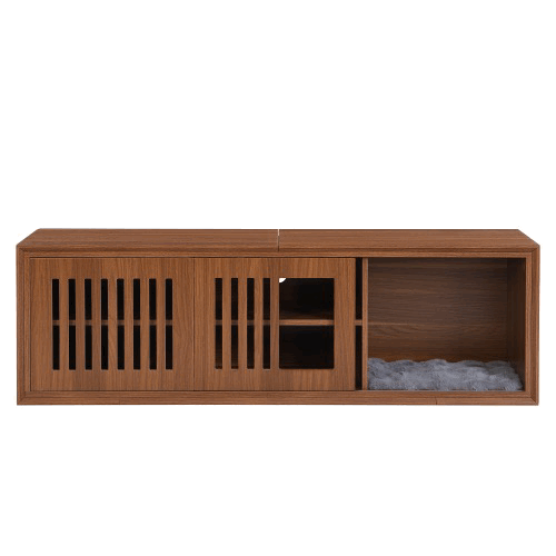 Mid-Century Morden Walnut Tv Stand With Extendable table Soft cushion Sliding door Cat friendly furniture
