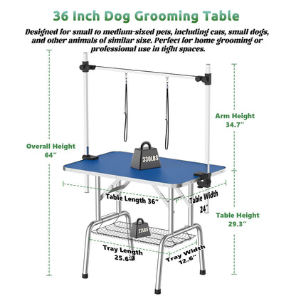 36 Inch Foldable Dog Grooming Table for Home with Adjustable Arm, Noose, Non-Slip Surface, and Storage Mesh Tray