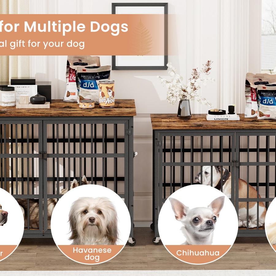 Furniture style dog crate wrought iron frame door with side openings, Rustic Brown, 43.3''W x 29.9''D x 33.5''H.