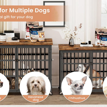 Furniture style dog crate wrought iron frame door with side openings, Rustic Brown, 43.3''W x 29.9''D x 33.5''H.