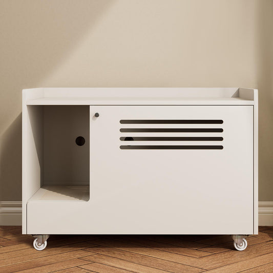 White Cat Litter Box Enclosure,Hidden Litter Box Furniture with top side fence,Wooden Pet House Side End Table, Storage Cabinet Bench for Living Room,,Bedroom, Fit Most of Litter Box