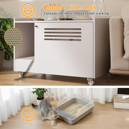 White Cat Litter Box Enclosure,Hidden Litter Box Furniture with top side fence,Wooden Pet House Side End Table, Storage Cabinet Bench for Living Room,,Bedroom, Fit Most of Litter Box