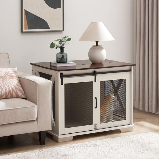 Farmhouse Dog Cage Crate Furniture with Sliding Barn Door,  Farmhouse Wooden Dog Kennel End Table with Flip-top Plate Dog House with Detachable Divider for Small/Medium/Large Dog White