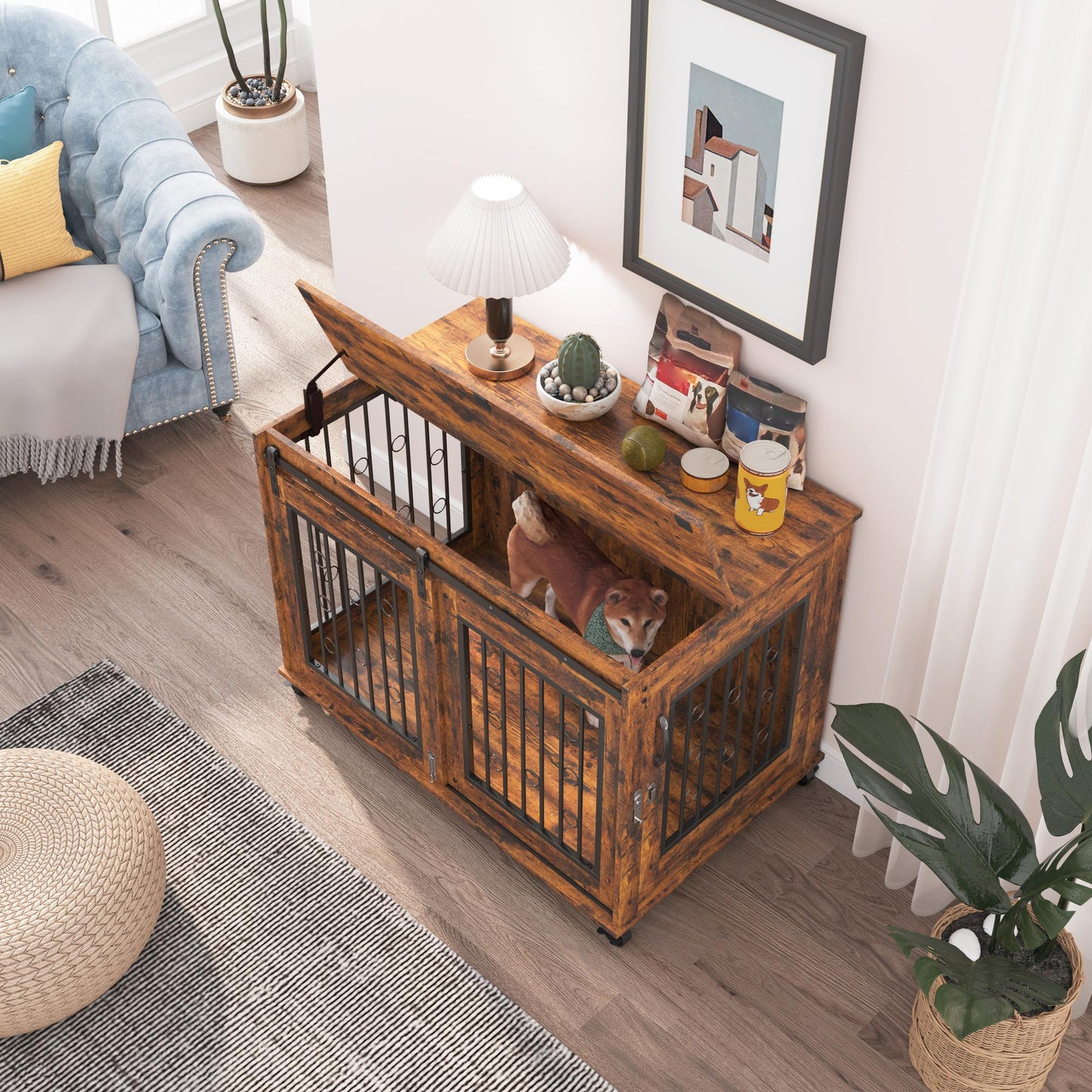 Sliding Door Dog Cage with Partition for Two Puppies, Rustic Brown, 39.37'' W x 25.20'' D x 28.94'' H
