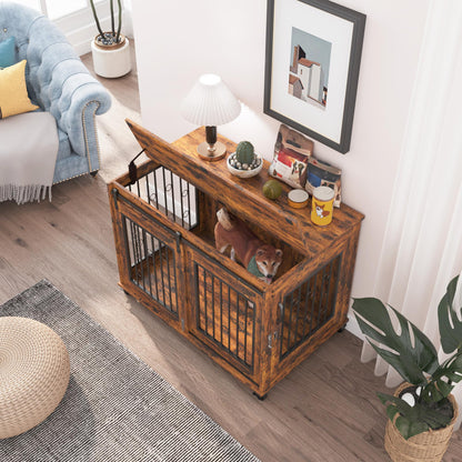 Sliding Door Dog Cage with Partition for Two Puppies, Rustic Brown, 39.37'' W x 25.20'' D x 28.94'' H