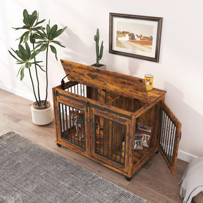 Sliding Door Dog Cage with Partition for Two Puppies, Rustic Brown, 39.37'' W x 25.20'' D x 28.94'' H