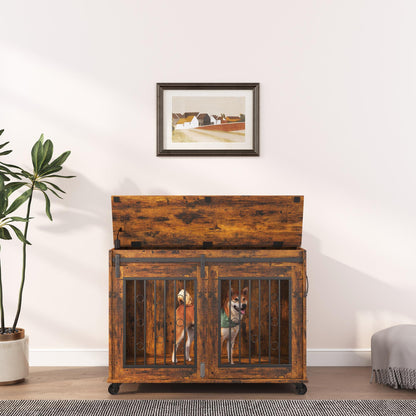 Sliding Door Dog Cage with Partition for Two Puppies, Rustic Brown, 39.37'' W x 25.20'' D x 28.94'' H