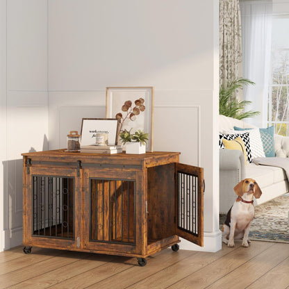 Sliding Door Dog Cage with Partition for Two Puppies, Rustic Brown, 39.37'' W x 25.20'' D x 28.94'' H