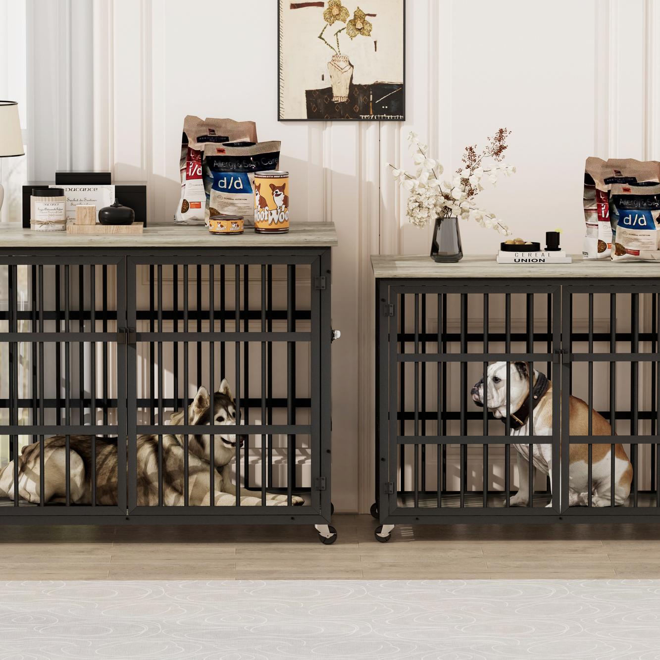 Furniture style dog crate wrought iron frame door with side openings, Grey, 43.3''W x 29.9''D x 33.5''H.