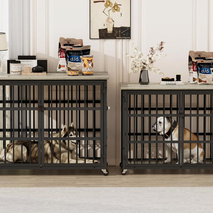Furniture style dog crate wrought iron frame door with side openings, Grey, 43.3''W x 29.9''D x 33.5''H.