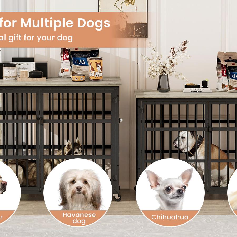 Furniture style dog crate wrought iron frame door with side openings, Grey, 43.3''W x 29.9''D x 33.5''H.