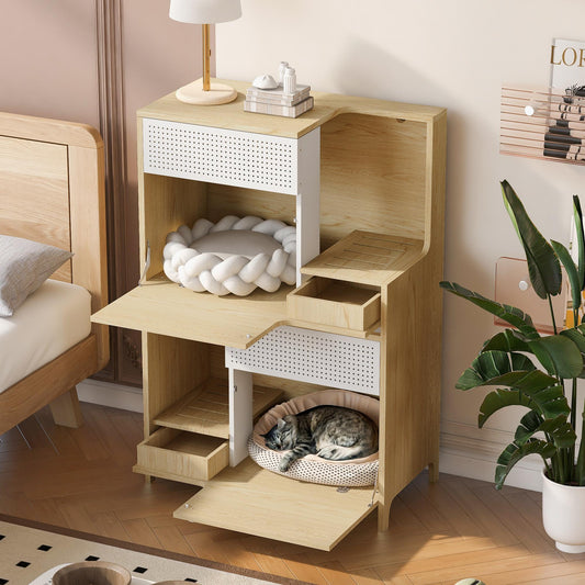 Furniture Style Multi-use Natural Cat litter box hosue With 2 flip-down door
