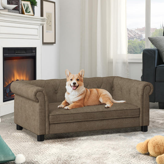 Elegant rectangular pet bed for small and medium-sized dogs, durable elevated dog sofa bed, comfortable dog sofa, modern and fashionable linen fabric dog sofa-Brown