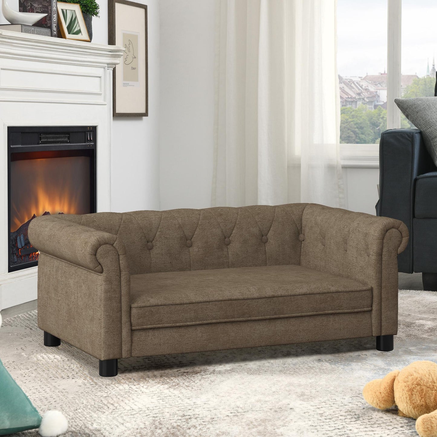Elegant rectangular pet bed for small and medium-sized dogs, durable elevated dog sofa bed, comfortable dog sofa, modern and fashionable linen fabric dog sofa-Brown
