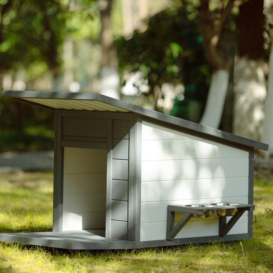 Outdoor Solid Wood Dog house Modern Style Design Durable Waterproof  With Food bowl, 4 swivel wheels
