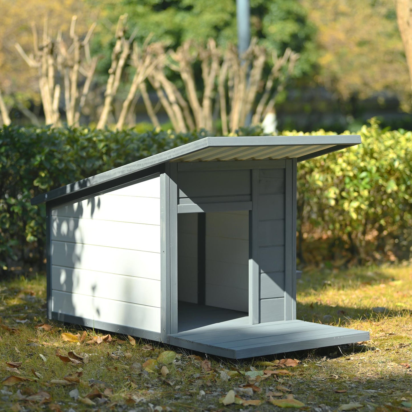 Outdoor Solid Wood Dog house Modern Style Design Durable Waterproof  With Food bowl, 4 swivel wheels