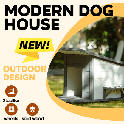 Outdoor Solid Wood Dog house Modern Style Design Durable Waterproof  With Food bowl, 4 swivel wheels