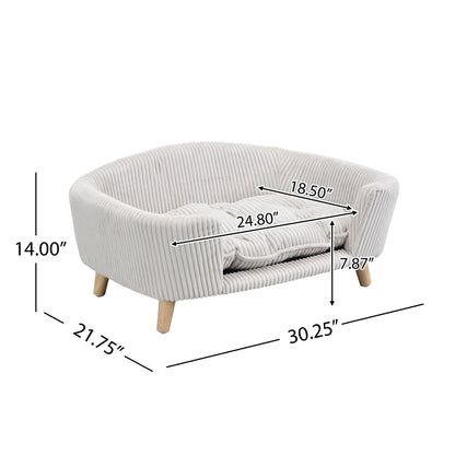 Elevated Dog Bed Frame for Small Dog, Corduroy Pet Couch Bed with Rubber Wood Legs and Supportive Foam, Beige, Easy Assembly