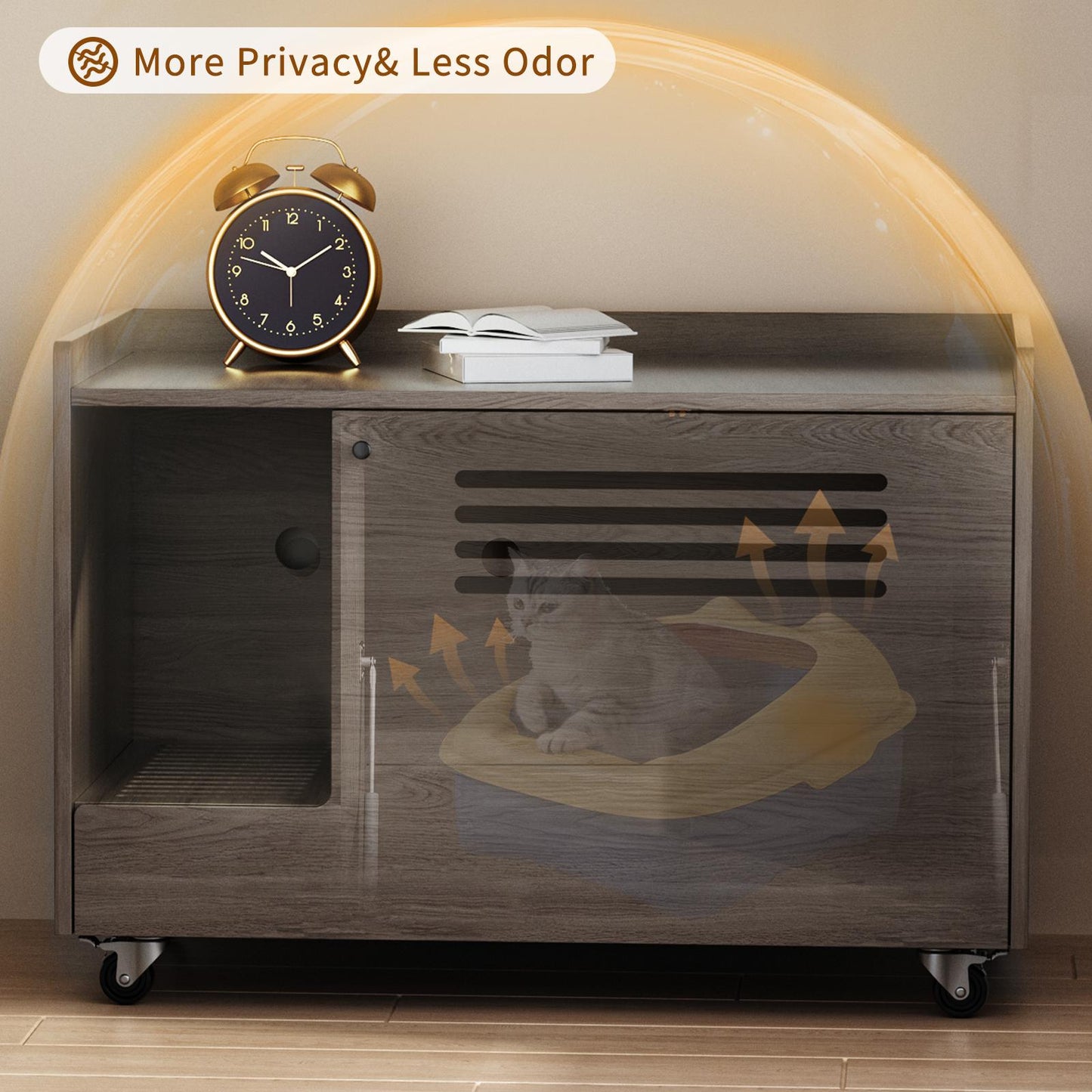 Gray Cat Litter Box Enclosure,Hidden Litter Box Furniture with top side fence,Wooden Pet House Side End Table, Storage Cabinet Bench for Living Room,,Bedroom, Fit Most of Litter Box