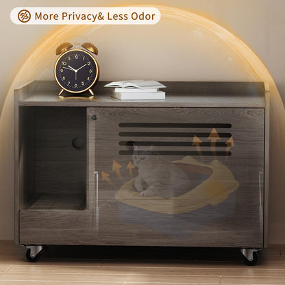 Gray Cat Litter Box Enclosure,Hidden Litter Box Furniture with top side fence,Wooden Pet House Side End Table, Storage Cabinet Bench for Living Room,,Bedroom, Fit Most of Litter Box