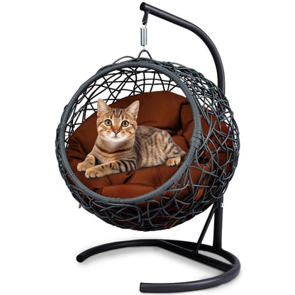 Cat Swing Bed with Stand & Cushion, Cat Egg Chair with Rattan Wicker Appearance, Indoor Hanging Swinging Cat Bed for Cats, Small Dogs, and Small Animals, Brown
