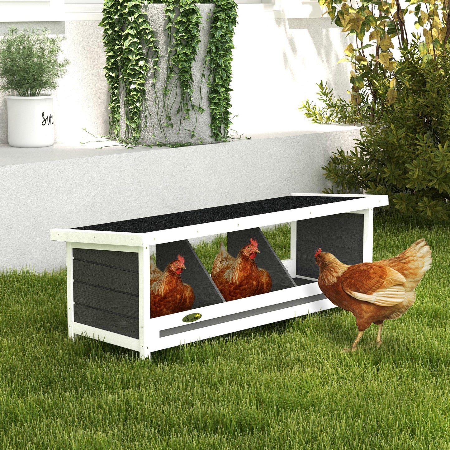 PawHut Wood Chicken Nesting Box, 3 Hole Chicken Boxes for Laying Eggs, Chicken Coop Nesting Box with Asphalt Roof for Indoor or Outdoor, Fits Up to 3 Hens, Gray