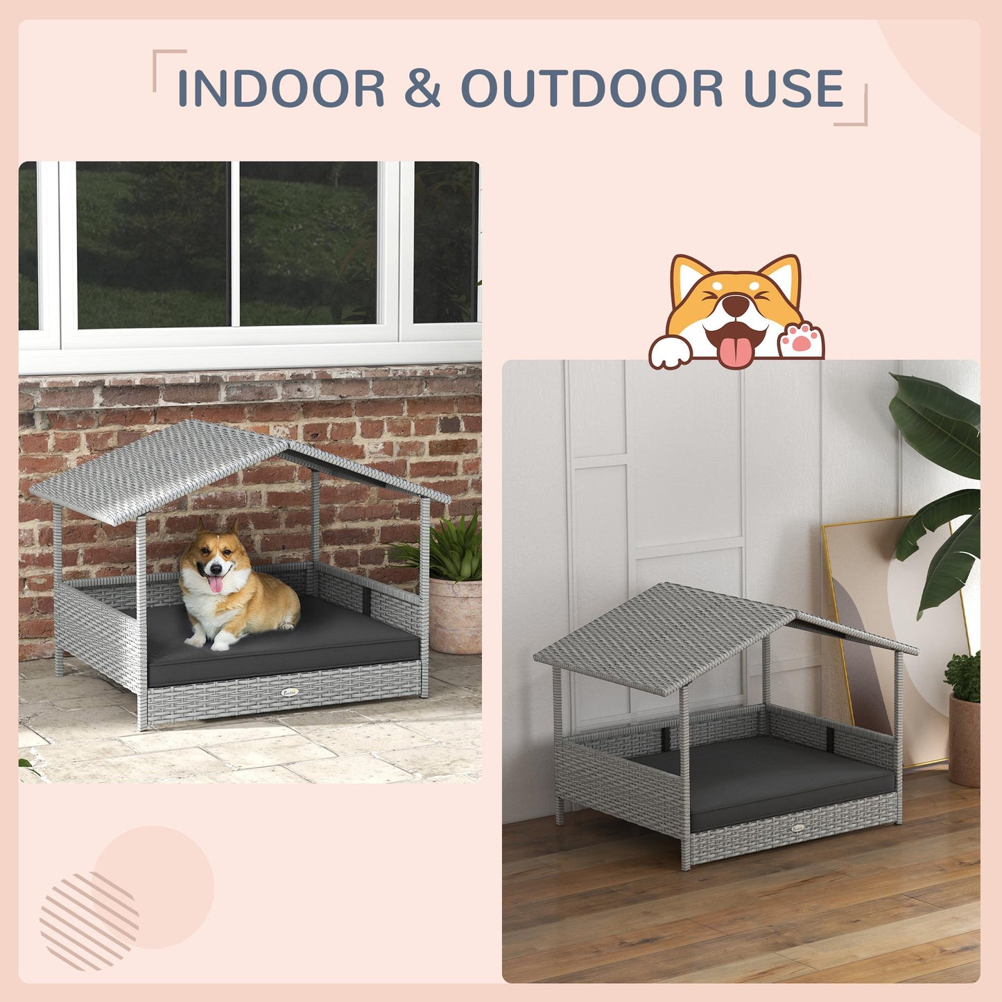 PawHut Wicker Dog House Outdoor with Canopy, Rattan Dog Bed with Water-resistant Cushion, for Small and Medium Dogs, Gray