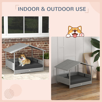 PawHut Wicker Dog House Outdoor with Canopy, Rattan Dog Bed with Water-resistant Cushion, for Small and Medium Dogs, Gray