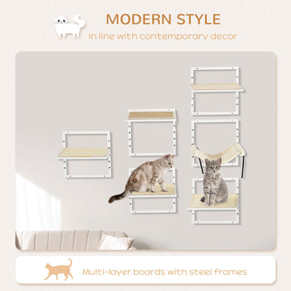 PawHut 6-pc Modern Cat Wall Shelves for Indoor Cats, Height Adjustable Jumping Platforms & Cat Hammock, Cat Shelves and Perches for Wall-Mounted Cat Tree, Cat Climbing Shelf Set, Cream
