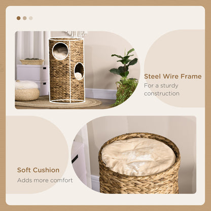 PawHut Elevated Cat Bed with Three Hideaways & Four Soft Plush Cushions, Cat Tower with Hand-Woven Materials, Multi-Layer Raised Kitten Bed Caves