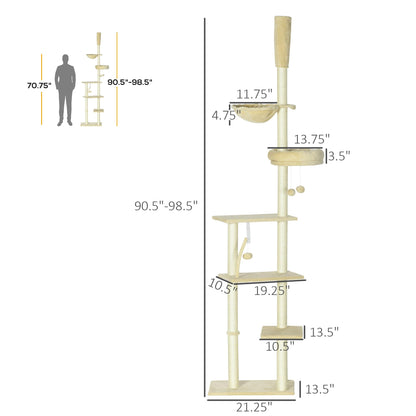 PawHut Floor to Ceiling Cat Tree, 90.5" - 98.5" Adjustable Height, Cat Climbing Tower with Carpeted Platforms, Cozy Bed, Hammock, Scratching Posts, Toy Balls, Activity Center for Kittens, Beige