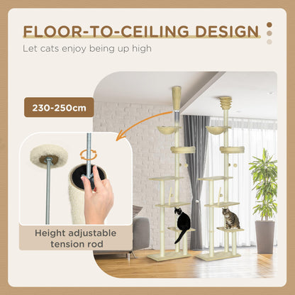 PawHut Floor to Ceiling Cat Tree, 90.5" - 98.5" Adjustable Height, Cat Climbing Tower with Carpeted Platforms, Cozy Bed, Hammock, Scratching Posts, Toy Balls, Activity Center for Kittens, Beige