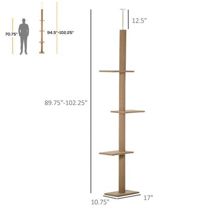 PawHut Floor-to-Ceiling Cat Tree Cat Climbing Tower with Sisal-Covered Scratching Posts Natural Cat Tree Activity Center for Kittens Cat Tower Furniture, Brown