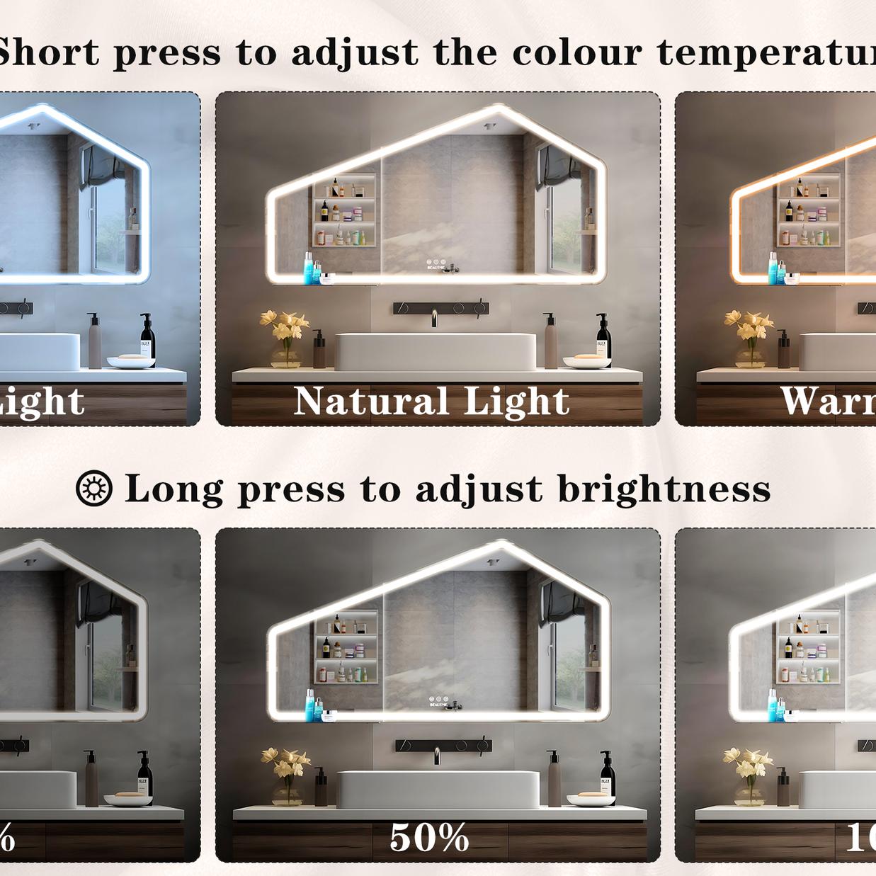 52*28 inch LED Bathroom Vanity Mirror Wall Mounted Adjustable White/Warm/Natural Lights Anti-Fog Touch Switch with Memory Modern Smart Large Bathroom Mirrors